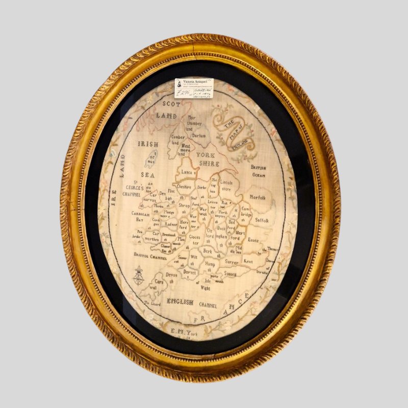 rare antique embroidered map of england & wales, framed